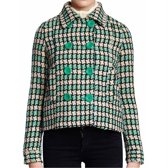NWT Vertigo Paris Women’s Houndstooth Green and Cream Tweed Pea Coat Size Large - Picture 1 of 12